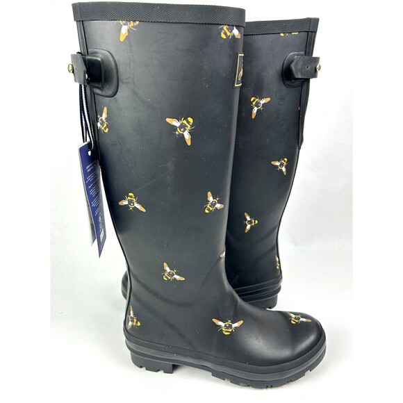 JOULES Women's Tall Welly Rain Boots Black with Bees Size US 6 NWT - Picture 1 of 12
